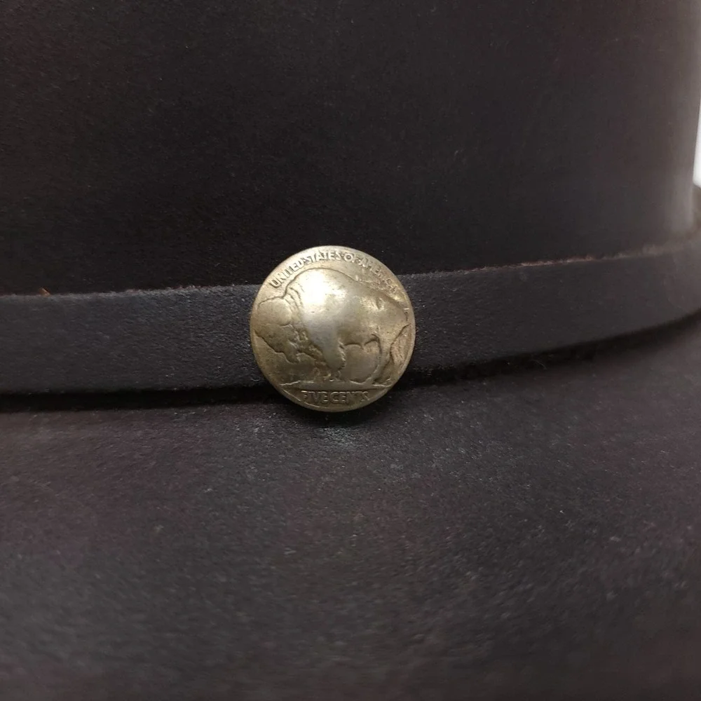 Henschel Hat Co. Brown Leather Western Buffalo Nickel Coin Banded Hat‎ Sz M